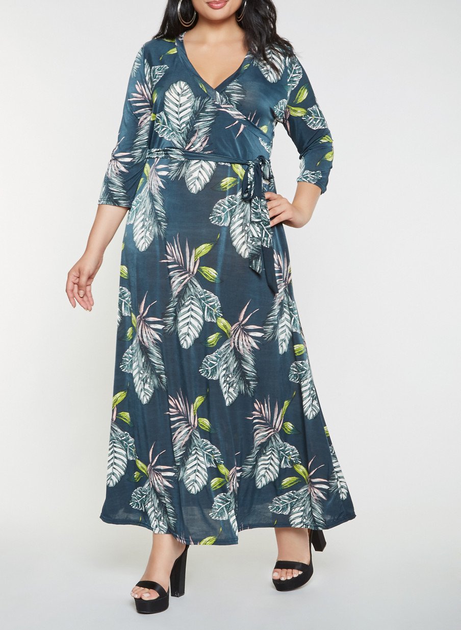 Plus Size Printed Faux Wrap Maxi Dress