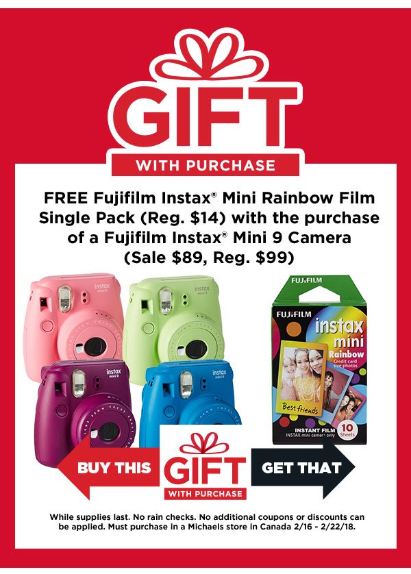 Get a FREE Fujifilm Instax Mini Film Single Pack (Reg. $14) with the purchase of a Fujifilm Instax Mini 8 .or Mini 9 Camera (Reg $89 - $99)