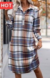 Multi Color Button Plaid A Line Long Sleeve Dress