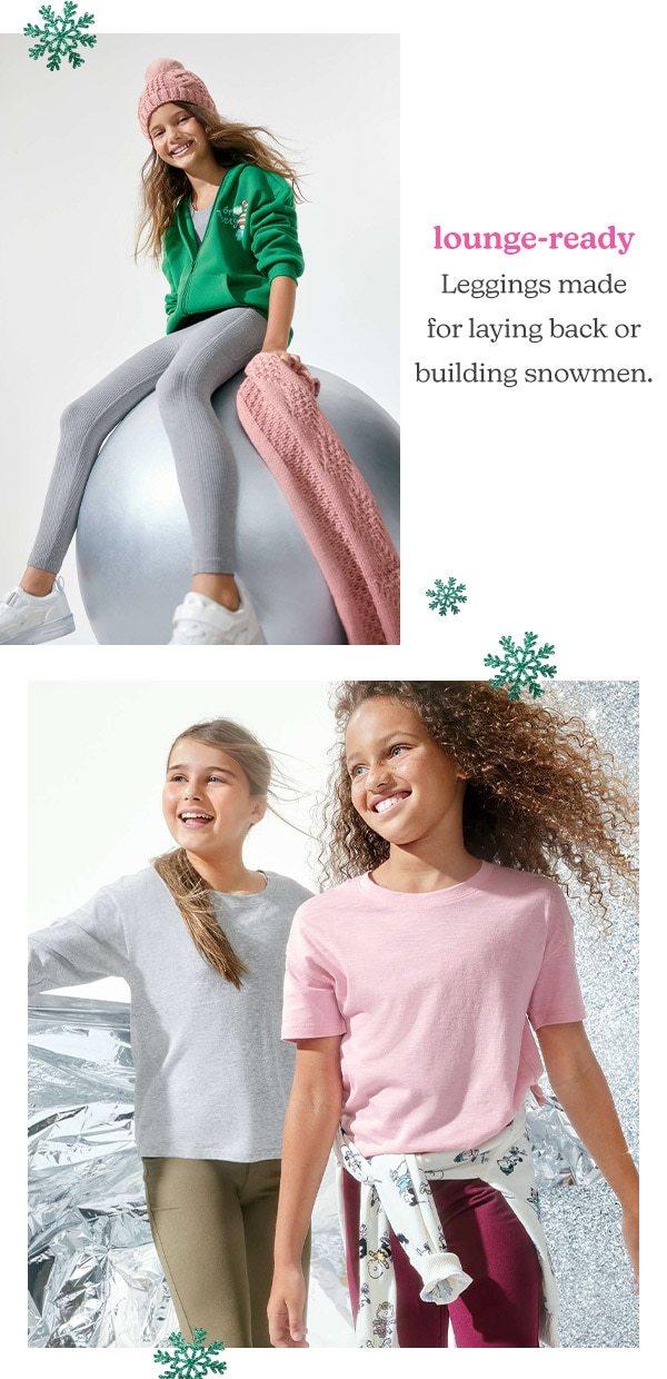 Lounge-ready.Leggings made for laying back or building snowmen. Models wearing evsie clothing.