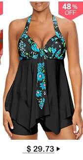 Open Back Printed Asymmetric Hem Tankini Set