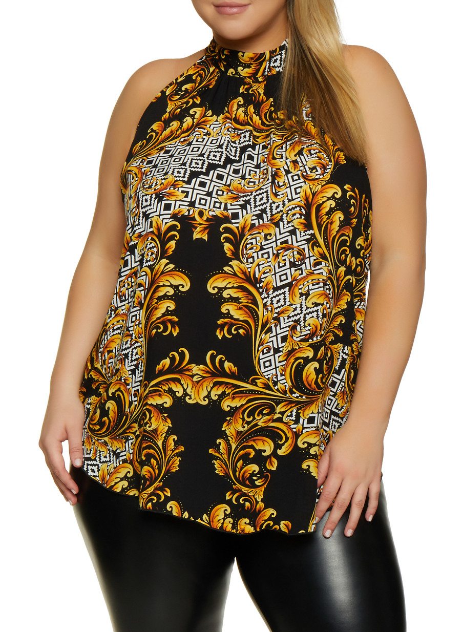 Plus Size Baroque Print Sleeveless Top