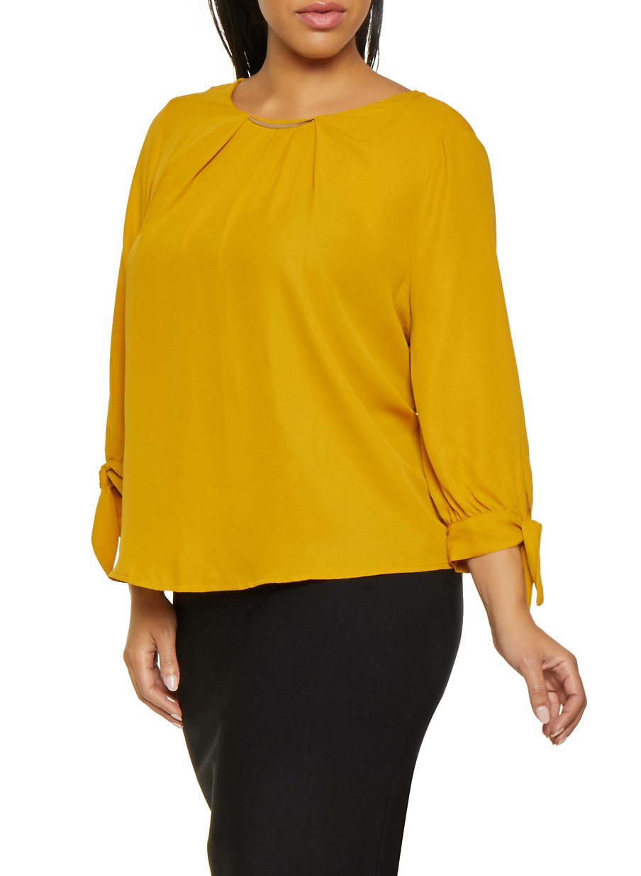 Plus Size Shirred Tie Sleeve Blouse