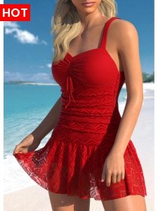 ROTITA Lace Red Ruched One Piece Swimwear