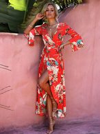 Robe longue 2020 Robe Maxi Floral femmes Robe col en V manches évasées Imprimer robe d'été