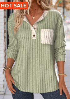 ROTITA Patchwork Sage Green Split Neck Long Sleeve Sweatshirt