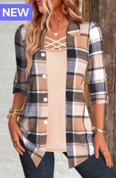 Multi Color Plaid 3/4 Sleeve Fake Two Piece Twinset