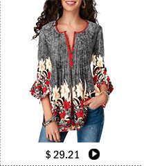 Printed Button Up Pleated Three Quarter Sleeve Blouse