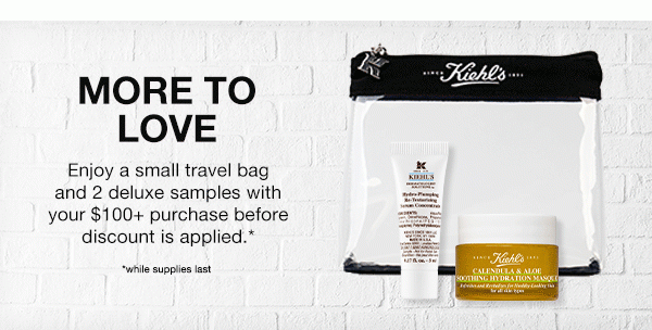 MORE TO LOVE - Enjoy a small travel bag and 2 deluxe samples with your $100 plus purchase before discount is applied.* - *while supplies last