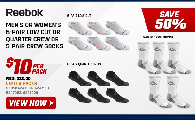 Reebok Men's or Women's 6-Pair Low Cut or Quarter Crew or 5-Pair Crew Socks