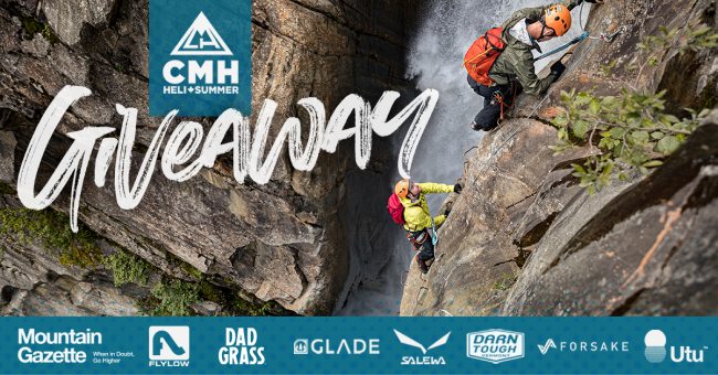 Giveaway banner for CMH Heli-sking and Summer adventures, with logos of participating brands, including Darn Tough, Utu, and Dad Grass