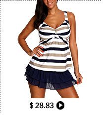 Twist Front Striped Navy Blue Tankini Top and Pantskirt