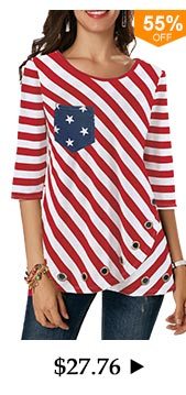 Flag Print Three Quarter Sleeve Red T Shirt