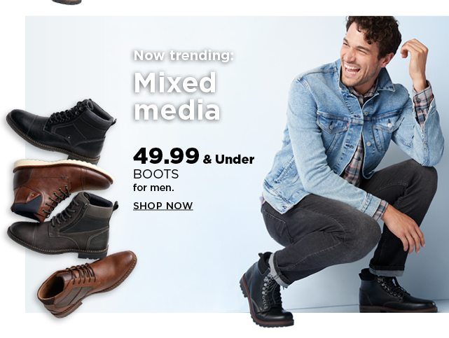 now trending mixed media boots for men. $49.99 and under boots for men. shop now.