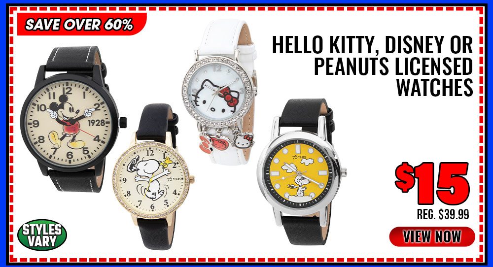 HELLO KITTY, DISNEY OR PEANUTS LICENSED WATCHES