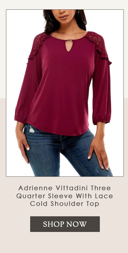 Adrienne Vittadini Three Quarter Sleeve With Lace Cold Shoulder Top 