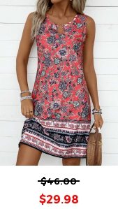 ROTITA Circular Ring Tribal Print Coral Round Neck Sleeveless Dress