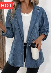 Denim Blue Patchwork Long Sleeve Lapel Coat