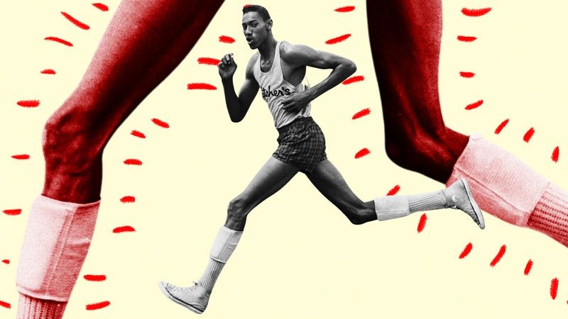 A collage of a man running with two red legs behind him with angry red lines coming off of them