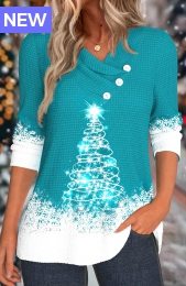 Turquoise Button Christmas Tree Print Long Sleeve Sweatshirt