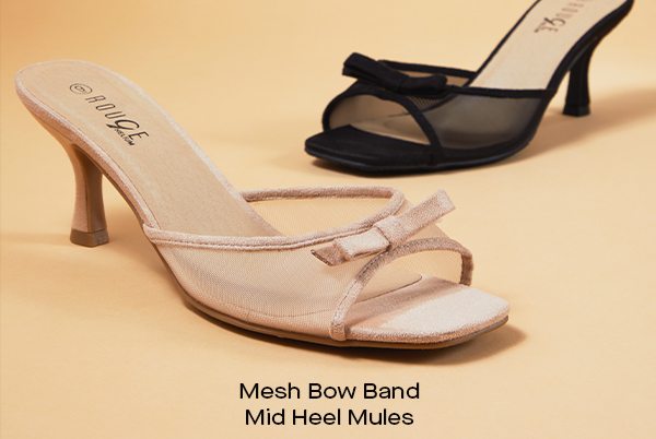 Mesh Bow Band Mid Heel Mules