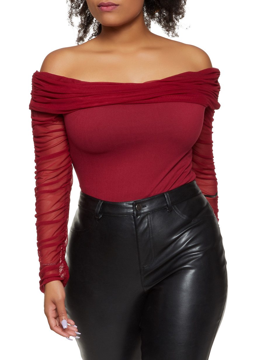 Plus Size Mesh Sleeve Off the Shoulder Bodysuit