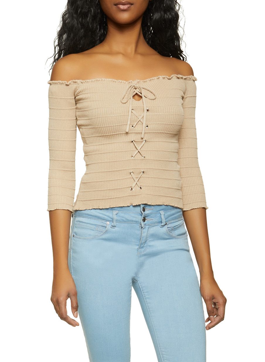 Ribbed Lace Up Off the Shoulder Top