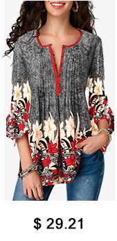 Printed Button Up Pleated Three Quarter Sleeve Blouse