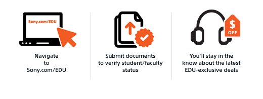 Navigate to Sony.com/EDU | Submit documents to verify student/faculty status | You'll stay in the know about the latest EDU-exclusive deals