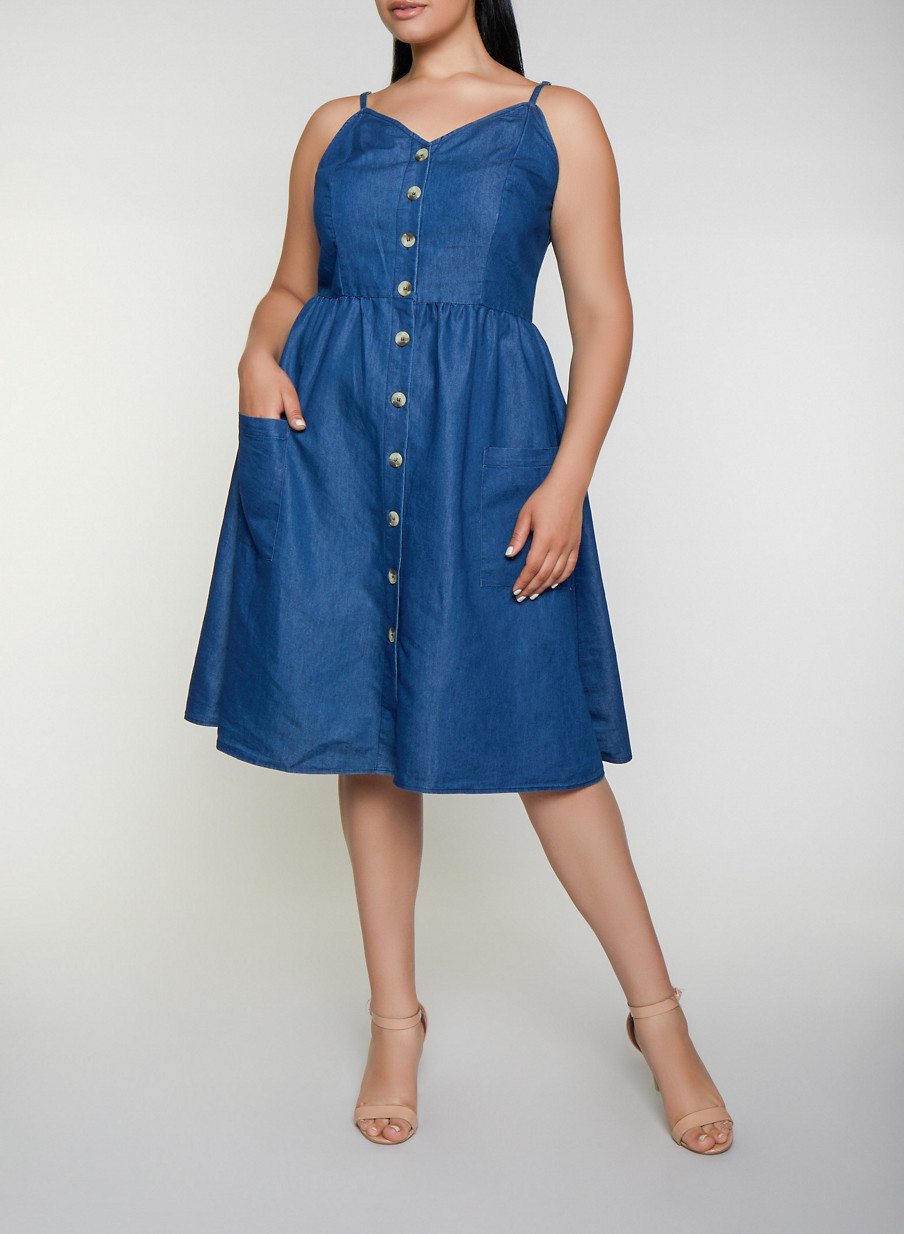 Plus Size Button Front Chambray Skater Dress