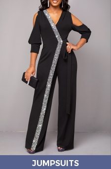 Metal Ring Black Cold Shoulder V Neck Jumpsuit