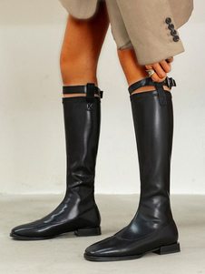 Bottes au genou pour femmes Bottes au genou à bout carré plat à bout carré noir