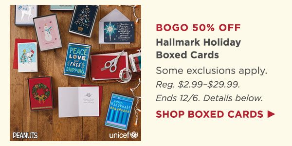 Hallmark holiday boxed cards are buy one, get one 50% off (details below).