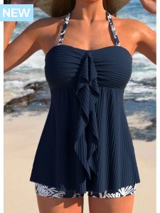 ROTITA Ruffle Navy Tropical Plants Print Tankini Set