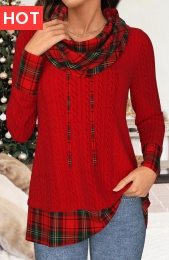 Christmas Red Patchwork Plaid Long Sleeve Cowl Neck Sweatshirt