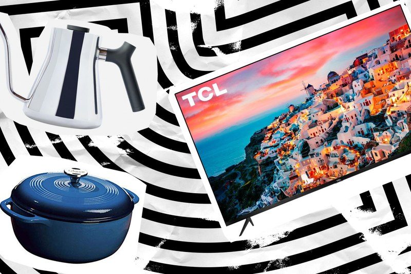 A kettle, a dutch oven, and a tv on a patterned background