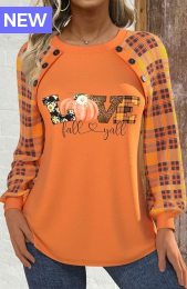 Halloween Orange Button Long Sleeve Round Neck Sweatshirt