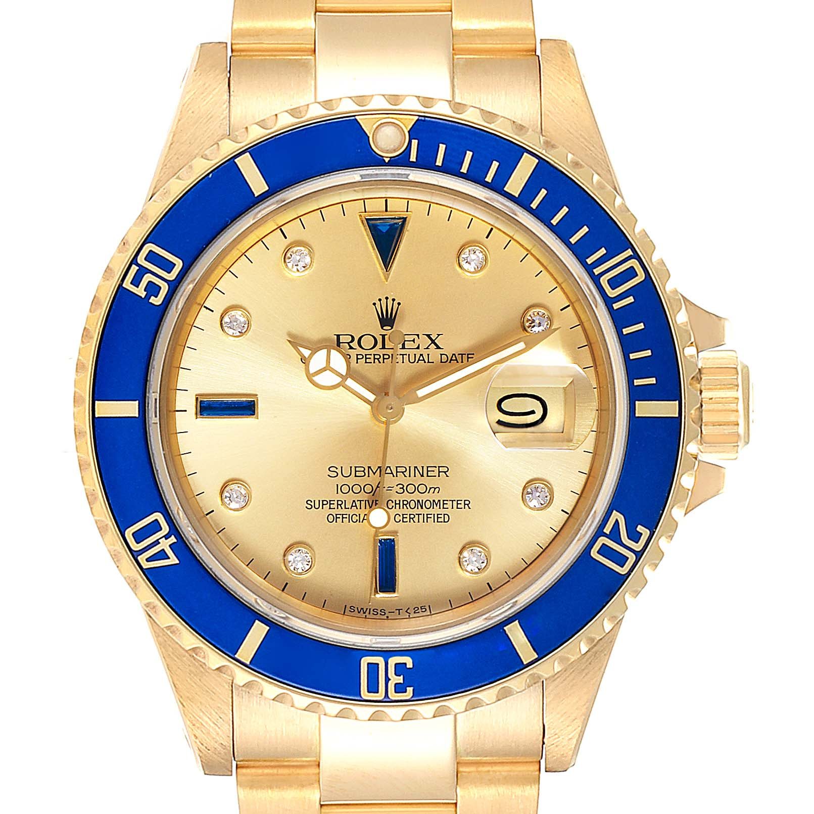 Image of Rolex Submariner Yellow Gold Diamond Sapphire Serti Dial Watch 16808