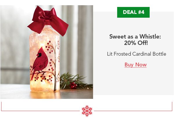 Deal #4 Sweet as a Whistle: 20% Off! Lit Frosted Cardinal Bottle Buy Now