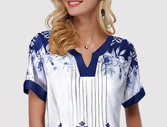 Retro Print Split Neck Pleated Blouse