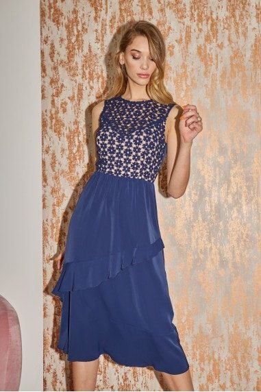 Sandra Navy Lace Frill Midi Dress