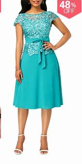 Lace Panel Cyan Cap Sleeve Dress