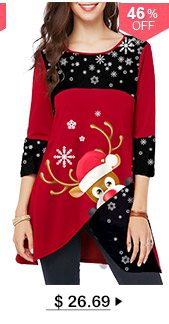 Asymmetric Hem Elk Print Christmas T Shirt