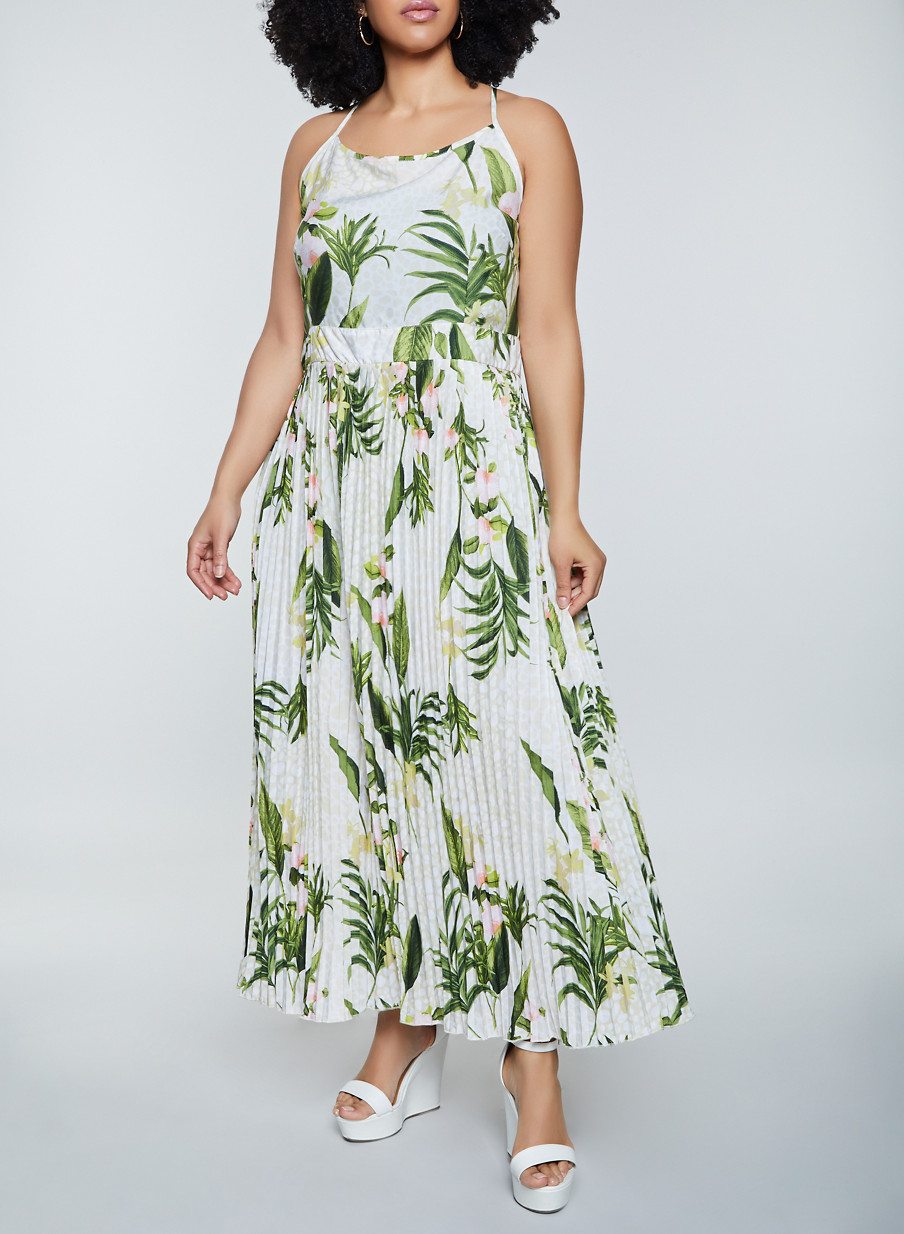 Plus Size Pleated Floral Maxi Dress