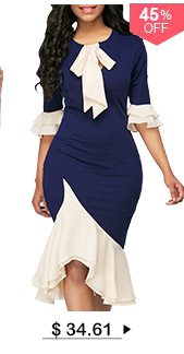 Tie Neck Frill Hem Flare Cuff Sheath Dress