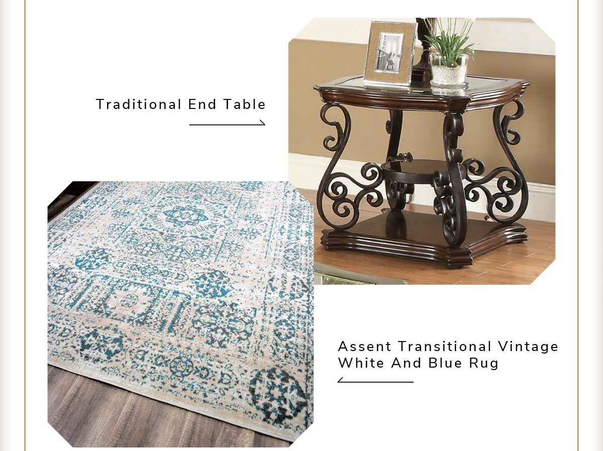 Assent Transitional Vintage White And Blue Rug, Solid Brown Traditional With Glass Inset, Metal Scrolls & 2 Shelves End Table | SHOP NOW
