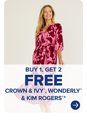 A woman in a pink and red dress. Buy one, get two free Crown and Ivy, Wonderly and Kim Rogers.