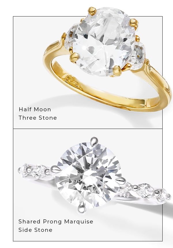 Half Moon Three Stone & Shared Prong Marquise Side Stone