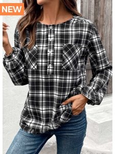 ROTITA Button Plaid Black Round Neck Long Sleeve Blouse