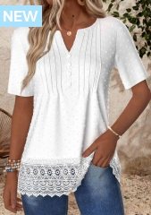 White Embroidery Short Sleeve Split Neck T Shirt